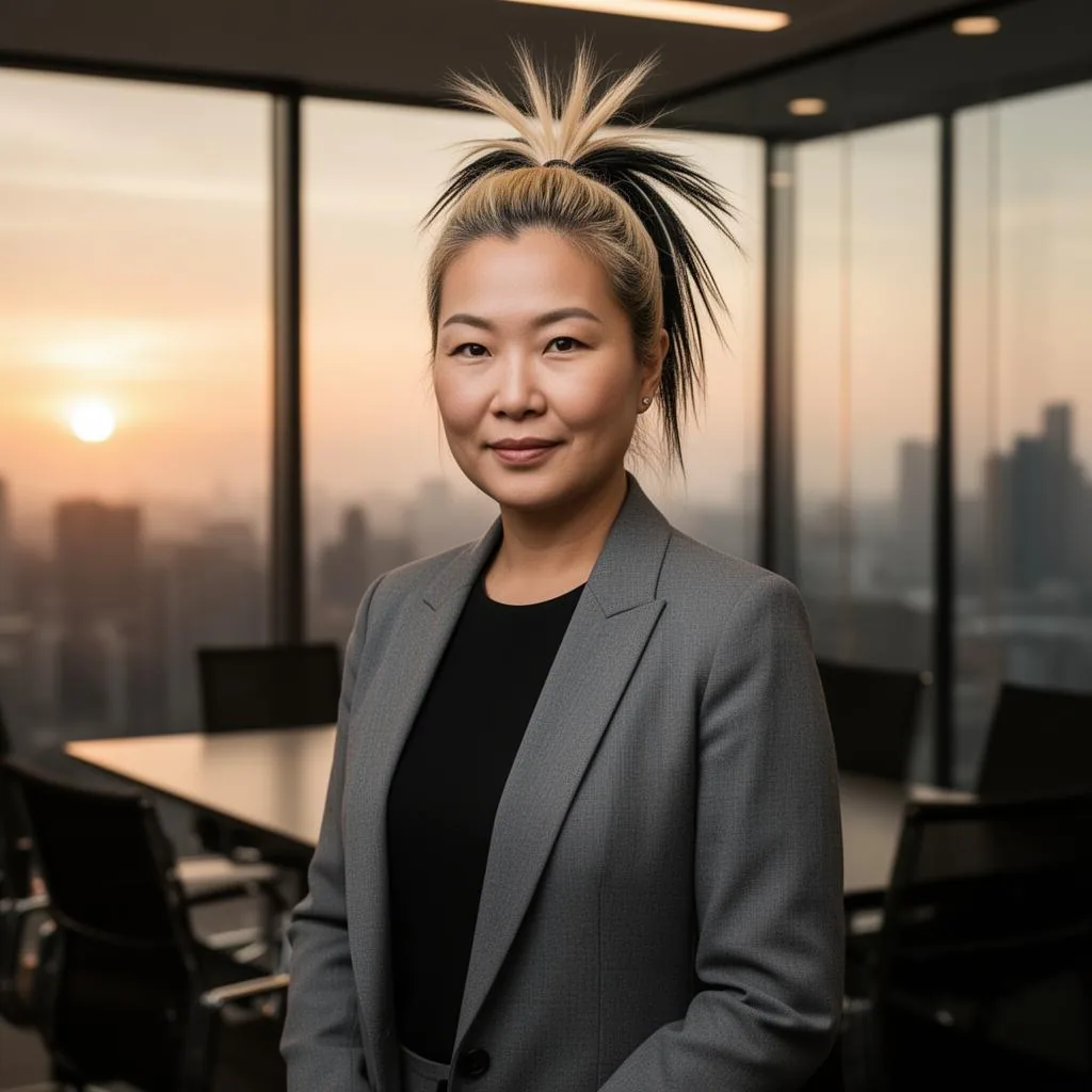 Sarah Chen, CEO protagonist of What Data Really Costs, standing in a boardroom at sunset